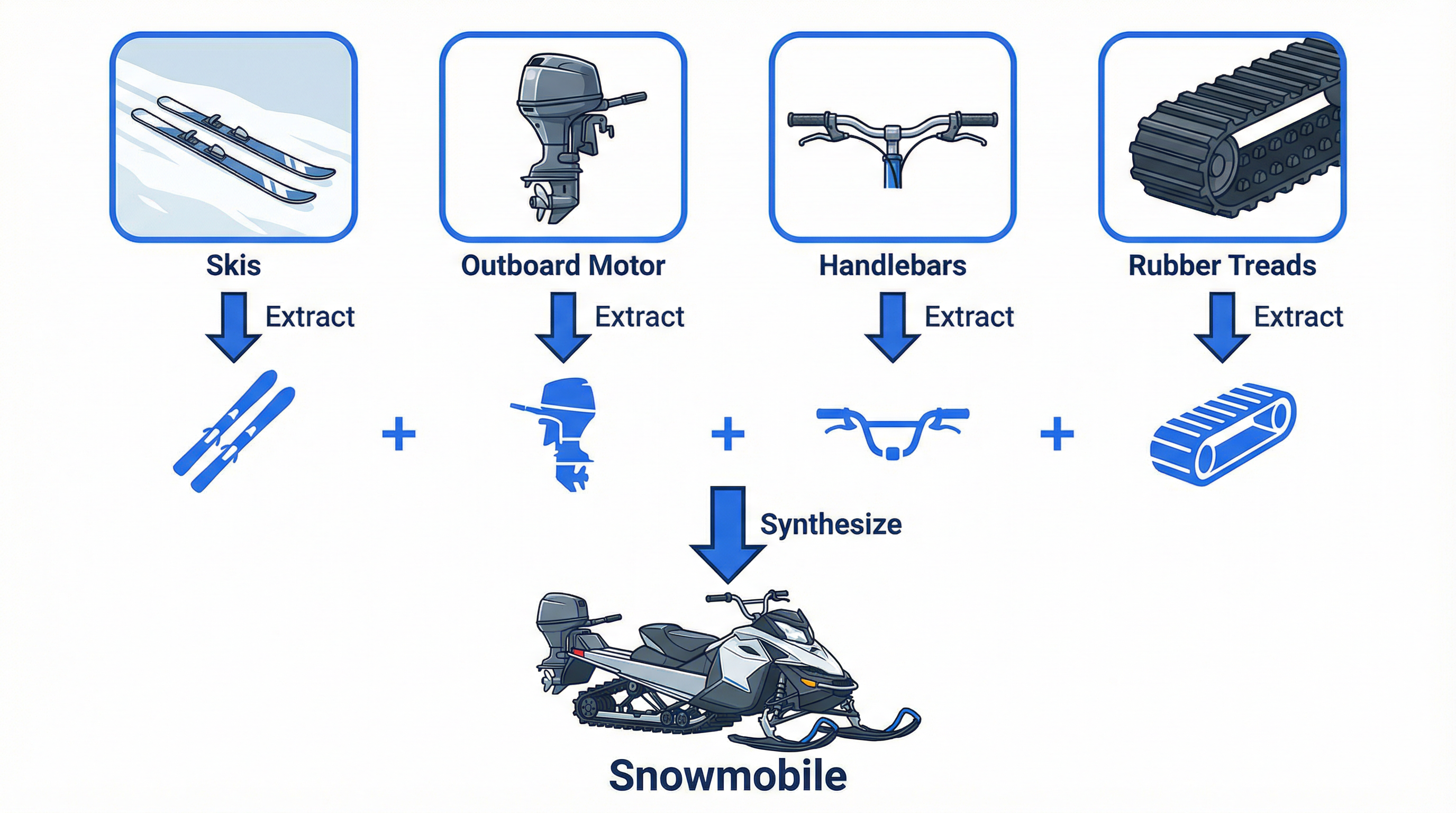 Boyd's Snowmobile Analogy: Extract components (skis, outboard motor, handlebars, rubber treads) from different contexts and synthesize them into a snowmobile